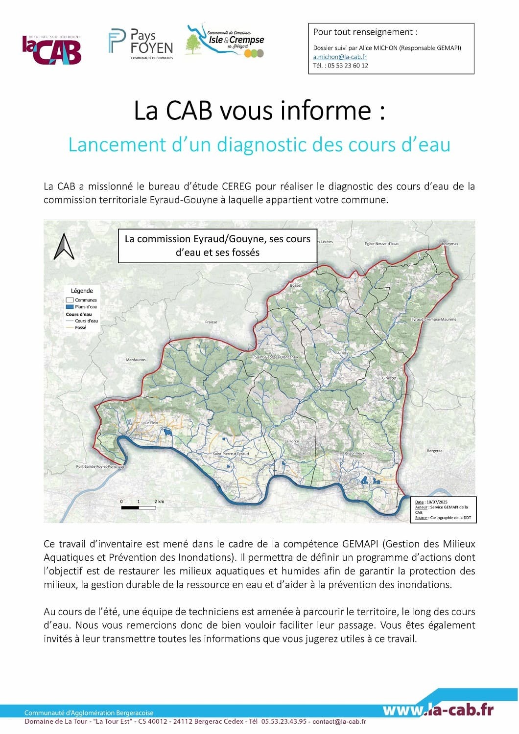 Dans le cadre de l’élaboration d’un plan de gestion des bassins versants de l’Eyraud et de la Gouyne, une phase de prospection des cours d’eau vient de débuter.